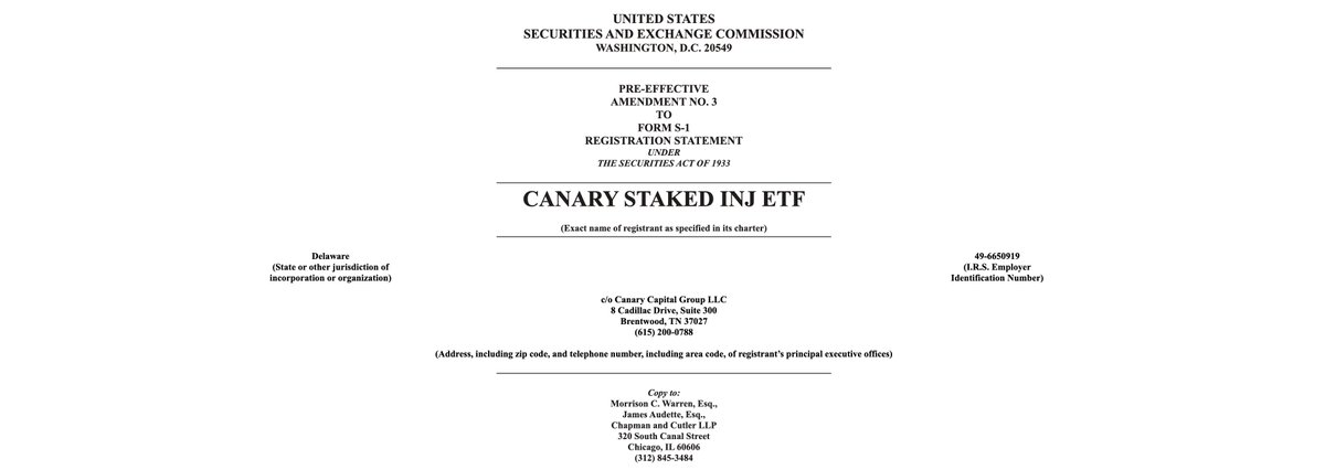 injective's tweet photo. Canary Capital has filed Amendment No. 3 to its S-1 for a Staked $INJ ETF with the SEC.

The ETF will hold spot INJ and target staking at least 90% of its institutional holdings in the U.S.

This is likely the final amendment before launch. https://t.co/ewNYJbUaiM