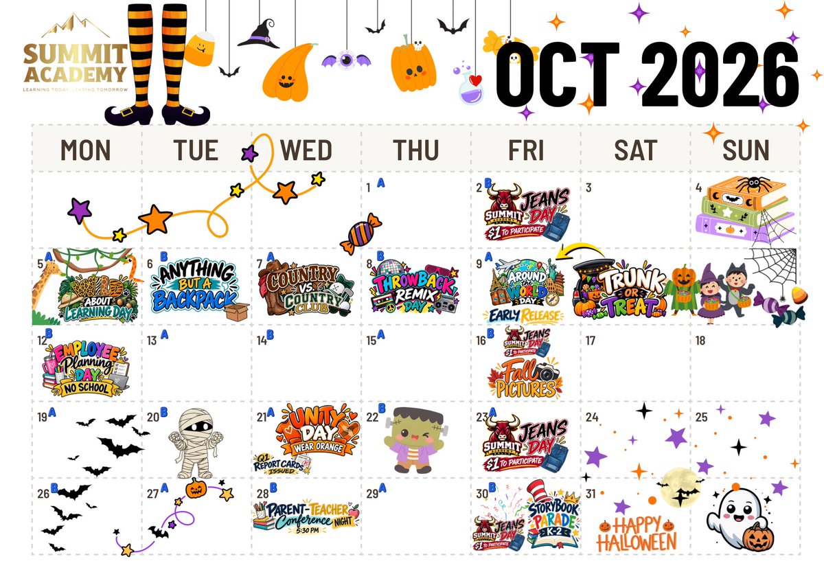 summitcharter_'s tweet photo. October is packed with fun at Summit Academy! 🎃🍂 From Spirit Week and Unity Day to Fall Pictures, our Storybook Parade &amp; more, there’s lots to look forward to! ❤️💛

Save the calendar so you don’t miss a thing!

#SummitAcademy #SummitBulls #OctoberAtSummit #SchoolCommunity https://t.co/Q2WBJrQT47