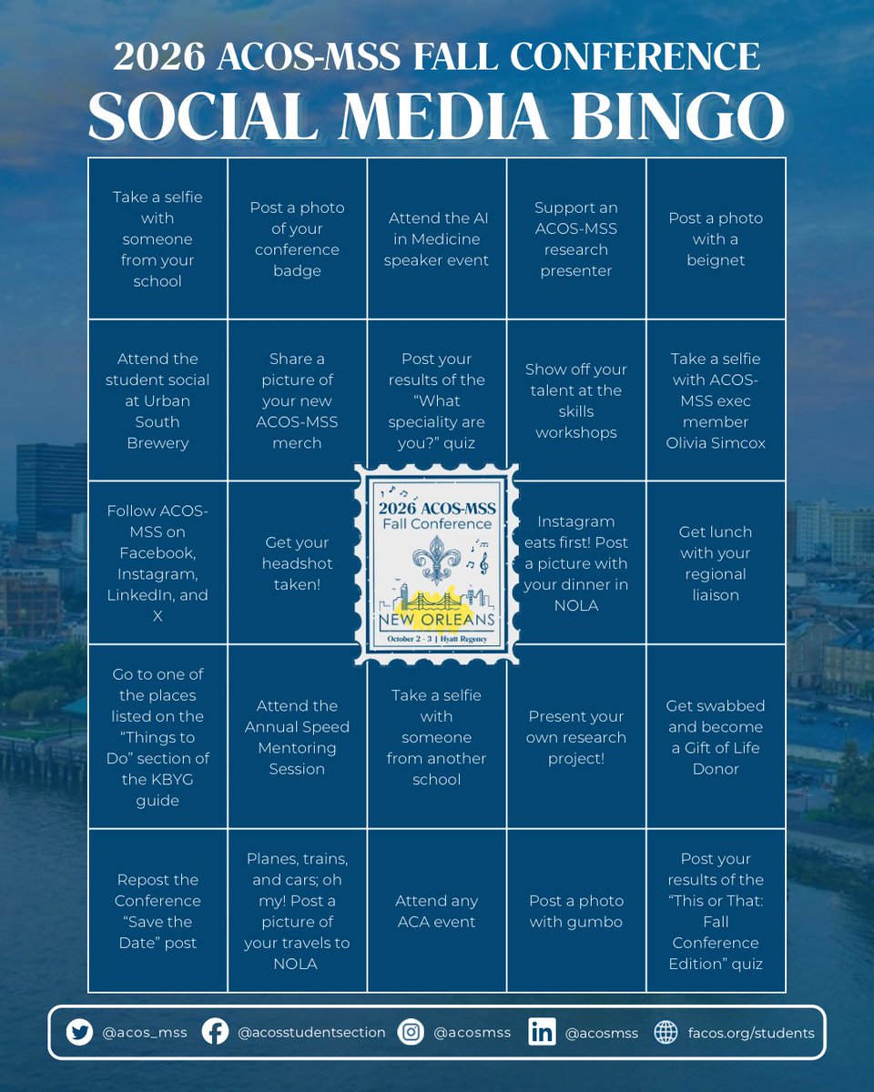 ACOS_MSS's tweet photo. Ready to make the most of your conference experience? We’re kicking off a Social Media Bingo Challenge during the 2026 ACOS-MSS Fall Conference! ⚜️📱

Complete the challenges throughout the conference and mark them off your bingo card as you go! For each social media square, post to your Instagram Story or feed, tag @acosmss, and complete 5 squares in a row—horizontally, vertically, or diagonally—to get BINGO! 👀

Once you achieve a BINGO, take a screenshot of your completed card and email it to Olivia Simcox, ACOS-MSS Communications Chair, at communications.studentsection@facos.org to receive extra points in the race for the social media award🏆

Be sure to tag us in your posts and keep an eye out for opportunities to complete your card throughout the weekend! 🩺🎲