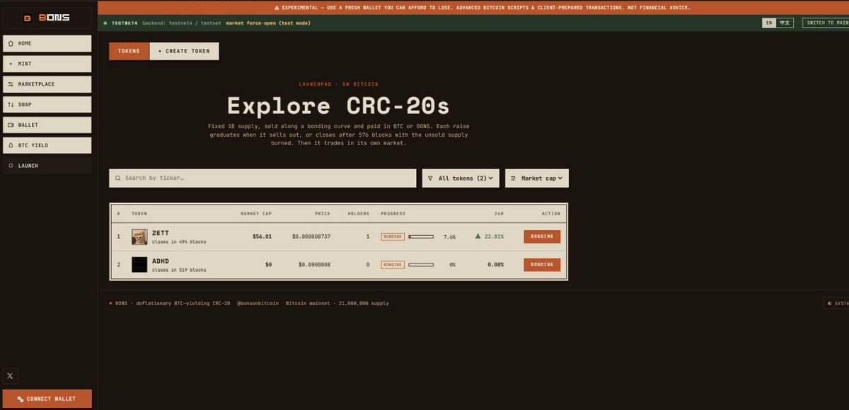 BONSonBTC's tweet photo. Launchpad update 🟧

On top of all the platform upgrades, the team's been deep in testing for an imminent launch. Sneak peek below. (All tickers are placeholders!)

Same as the $BONS mint, the launchpad drops stealth. We also made a small tweak to the tokenomics. Buyers can pay in BTC or $BONS:

Paid in BTC:
→ 70% to the creator
→ 20% to the $BONS flywheel
→ 10% to the treasury
Paid in $BONS:
→ 55% burned 🔥
→ 30% to the creator
→ 15% to the treasury

Want to launch? You'll burn $20 in $BONS to do it. Keeps the spam out, pushes quality up, and feeds the flywheel. We want real projects, not a flood of junk.

And here's the fun part 👀 All treasury funds from the first 5 graduated tokens go toward bootstrapping $BONS liquidity once the swap is live.

Yes, LP. On Bitcoin L1.

Get your BTC and $BONS ready. The next few days are going to be explosive for CRC-20.