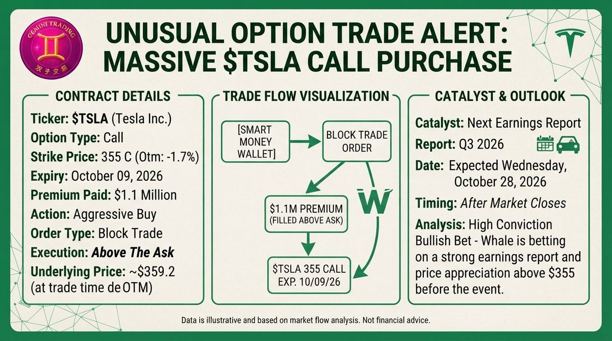 🖨️ Print #34: $TSLA — $1.1M call buy, RED PEN EDITION 🖊️

Aggressive block — Oct 9 355 calls, ABOVE the ask, $1.1M. Bought today's dip (~$359.2 = day's low).
