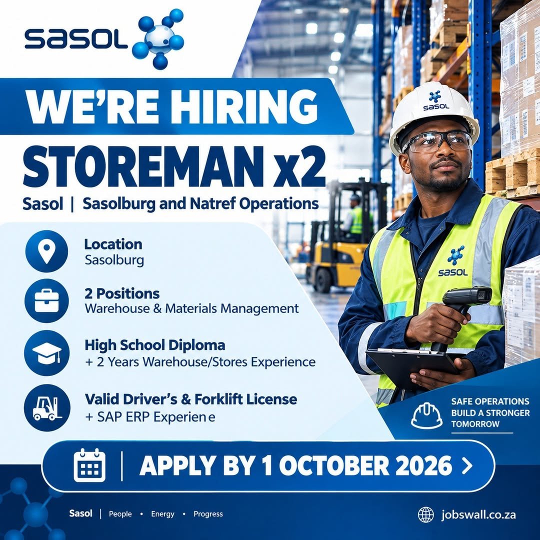 CarolBoitumelo1's tweet photo. 📢 STOREMAN JOB VACANCY ALERT 📢 

📌Company: SASOL

📌Position: StoreMan 

Location: South Africa 

📌Deadline: 01 October 2026

Note: Don't wait for deadline, Apply immediately on official website 👇

🖇️https://t.co/MlW78mvSLn https://t.co/tmMpdJhK8g