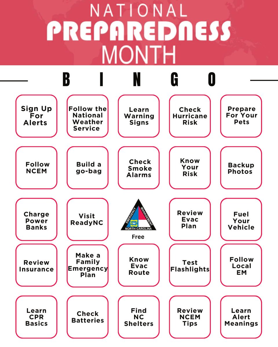 NCEmergency's tweet photo. ⏰ Last call for Preparedness Bingo entries! ⏰

National Preparedness Month is almost over, and there’s still time to join in! Each bingo square is a simple step that helps you and your family stay safe during emergencies.
 
✔️ Mark off any squares you complete.
📸 Snap a photo while doing one and send it to us by DM and you might be featured!
 
Finish your entire card and DM it to us by September 30th at 11:59 PM to be entered into our giveaway for a preparedness kit! 🧰
 
Let’s make these last hours count and build a stronger, safer NC together. Learn more at https://t.co/KXgXUXWiCc!