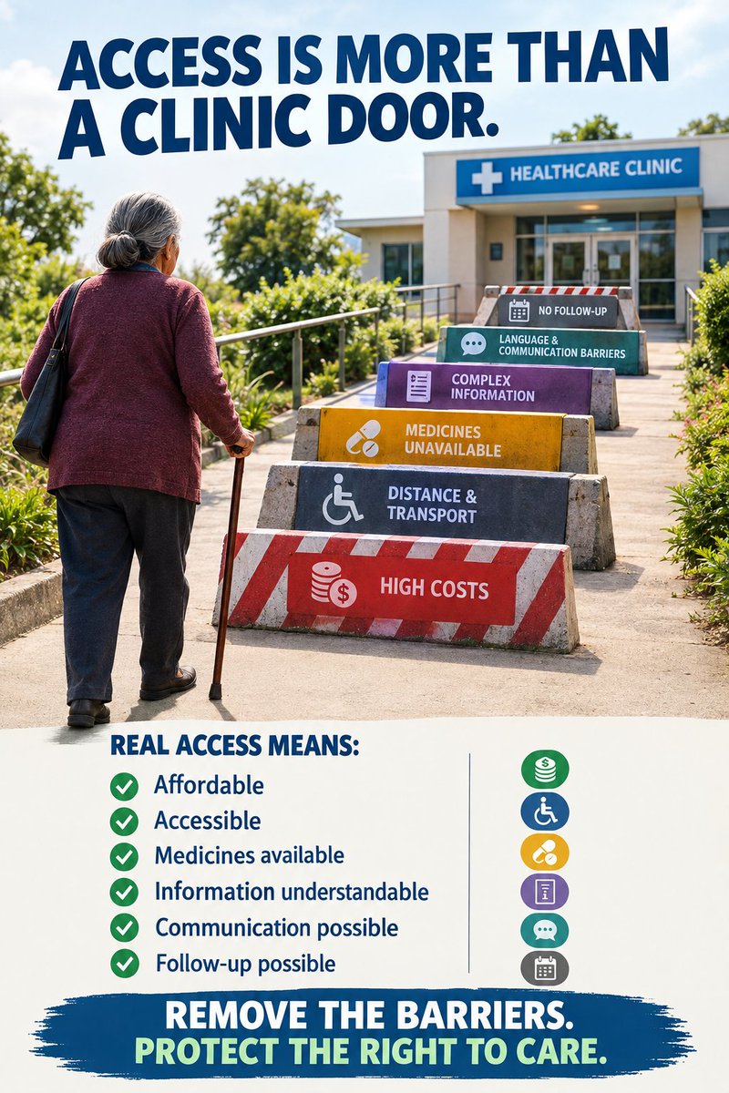 zihazimbabwe's tweet photo. ACCESS IS MORE THAN A CLINIC DOOR.

Can an older person afford care, reach a facility, access medicines, understand information, return for follow-up, and communicate their needs?

Healthcare must be affordable, accessible, inclusive and respectful for all.
#HealthcareForAll https://t.co/5LReGnD60B