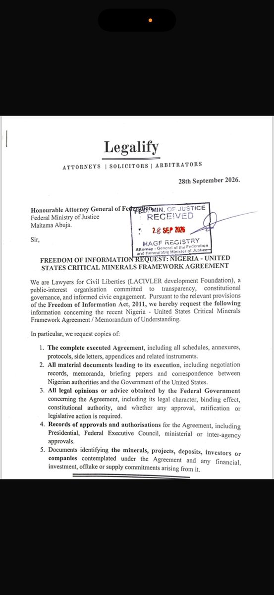 ruffydfire's tweet photo. Today, *Lawyers for Civil Liberties* filed a Freedom of Information application before the *Attorney-General of Federation* and the *Minister of Solid Minerals Development*, requesting for details of the recent Nigeria - United States of America's 700 billion dollar Critical Minerals Framework Agreement / Memorandum of Understanding.