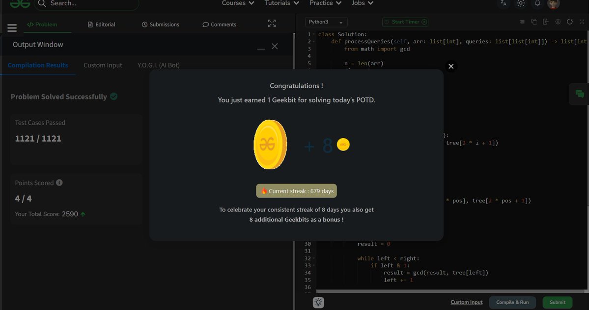 akashasahu07's tweet photo. Day - 679
Range GCD Queries Problem
Solved today’s POTD ✅
Handled range GCD queries with point updates using an efficient data structure ⚡🌳
#GeeksforGeeks #POTD #DSA #1000DaysOfCode #CodingJourney https://t.co/bpUyf7EhaG