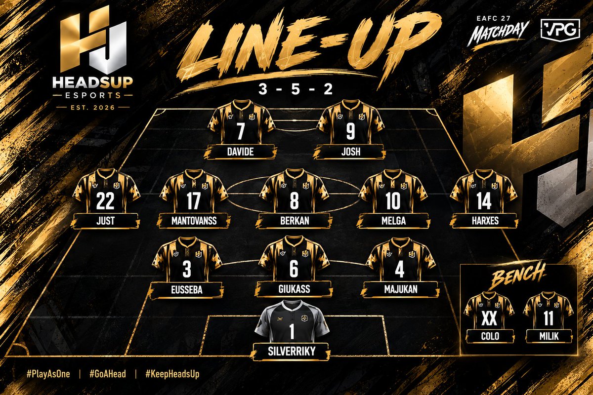 HeadsUpEs's tweet photo. The squad for tonight's matches 🟡⚫

📺https://t.co/Zn0Vl6EZ0k

🕐 21:30

@HGEsportsASD

#KeepHeadsUp #GoAHead #PlayAsOne https://t.co/EW1JF16seE