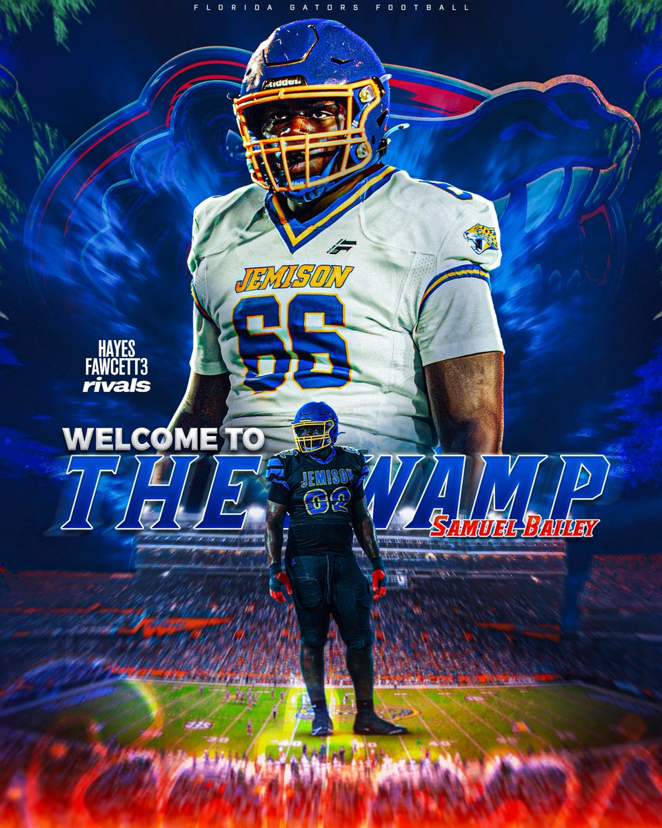 Hayesfawcett3's tweet photo. BREAKING: Elite 2028 IOL Samuel Bailey has Committed to Florida, he tells me for @Rivals

The 6’6 300 IOL from Huntsville, AL chose the Gators over Ohio State, LSU, Alabama, and Ole Miss

He’s ranked as the No. 23 Recruit in the 2028 Rivals300 🐊

https://t.co/IXTIRMPrFR https://t.co/3G2jS0Tb1R
