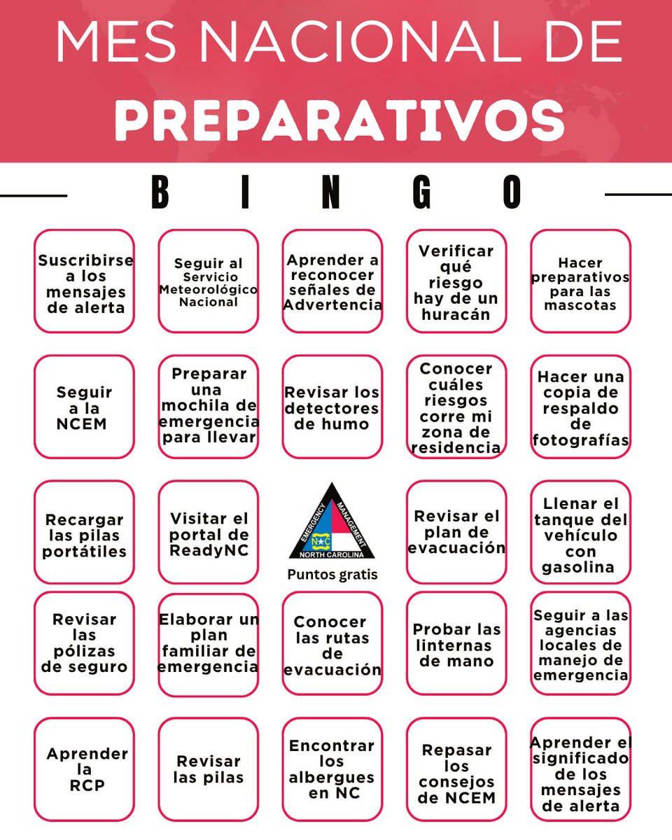 NCEmergency's tweet photo. ⏰ Last call for Preparedness Bingo entries! ⏰

National Preparedness Month is almost over, and there’s still time to join in! Each bingo square is a simple step that helps you and your family stay safe during emergencies.
 
✔️ Mark off any squares you complete.
📸 Snap a photo while doing one and send it to us by DM and you might be featured!
 
Finish your entire card and DM it to us by September 30th at 11:59 PM to be entered into our giveaway for a preparedness kit! 🧰
 
Let’s make these last hours count and build a stronger, safer NC together. Learn more at https://t.co/KXgXUXWiCc!