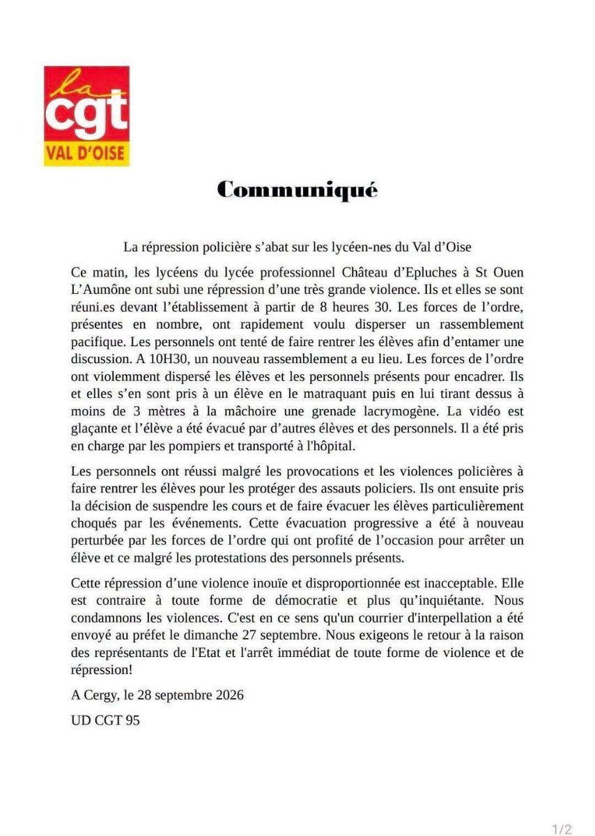 JLMelenchon's tweet photo. Nuñez ferait bien de reprendre en main la troupe qui tabasse nos enfants ! Casser les dents d'un lycéen déshonore ceux qui le font et ceux qui les commandent. Merci à la CGT de défendre les jeunes. https://t.co/Yyz2h5lINX