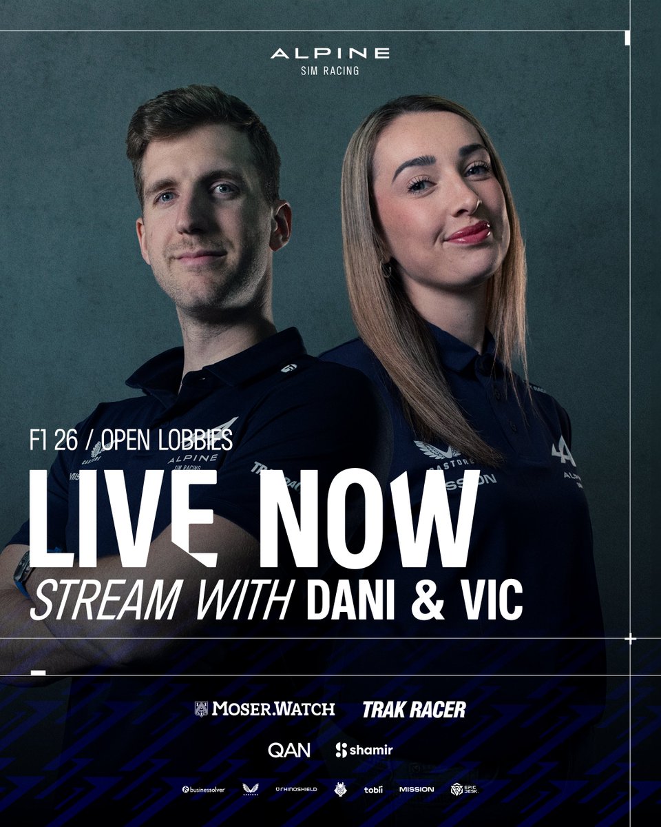 AlpineSimRacing's tweet photo. 🔴 WE ARE LIVE 🔴 

@On1yVic starting on pole, @FormulaDani starting last in some F1 26 open lobbies 👀 

🔵 https://t.co/U6w2KocfVz https://t.co/TH24b4kXhr