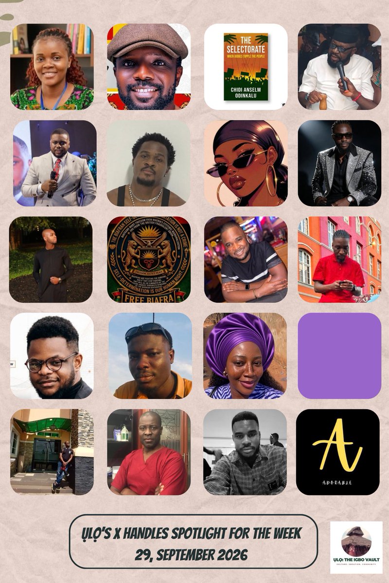 Uloigbovault's tweet photo. ỤLỌ’S SPOTLIGHT FOR THE WEEK

1. @NwaAdaIgbo1 - Nwaanyị Nightwear, Linguist/Igbo Tutor, wife & mother

2. @OgbajiIfeanyi - Convener, #OnitshaBusinessHangout 

3. @ChidiOdinkalu - Law

4. @AloyEjimakor - Law & Human Rights

5. @Golibe6 - Business Leader | Digital Entrepreneur & Global Speaker | Helping a million founders & professionals build successful businesses & lives.

6. @chudy_jnr - ADS AND PROMOTIONS

7. @EgbuChinwe - Igbo

8. @Onwukaemeh84733 - Business

9. @NigerianBrother - Igbo, Independent & Catholic

10. @NKUMEH - Knowledge 

11. @Ike_Obiora - Attorney • Privacy • CyberSec • InfoSec • Data & AI Governance • US Army • Founder,
@IkeObioraFDN 

12. @BosaLin - Music

13. @Mykelfil - Technology, Financial Services & Health

14. @Chee_derah_ - Medical & Health  

15. @_chiceeeyyy - Fashion  

16. @ChinwenwaThe - Healthcare Administration  

17. @sunderock - Photography, Food science and technology  

18. @obinn81549 - Education  

19. @ikecosmas - Counselling, Writing, Poetry, Adventure & Business  

20. @LydiaAdaora - Football

Congratulations🎉🎉