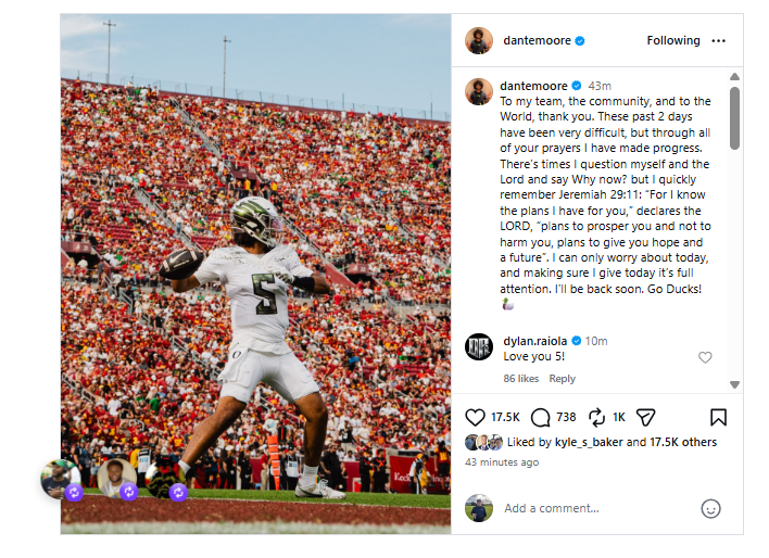 MattPrehm's tweet photo. Oregon QB Dante Moore shared a message of thanks on Instagram to the community, his teammates, coaches, and Duck fans, saying he's recovering and hopes to be back "soon." https://t.co/4C4iKz7gtl