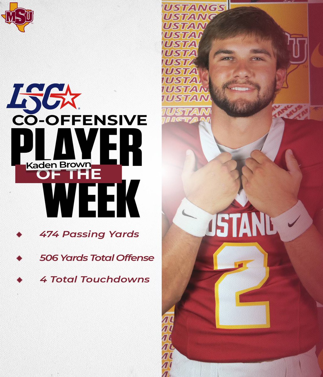 MSUMustangs's tweet photo. 🏈 POTW | @MSUTexasFB 

Record breaking performance from Kaden Brown earns Lone Star Conference Co-Offensive Player of the Week. The junior led the Mustangs with 474 passing yards, four total touchdowns, and 506 yards of total offense in the win over the Buffs.

#StangGang https://t.co/Le9z8PVBdX