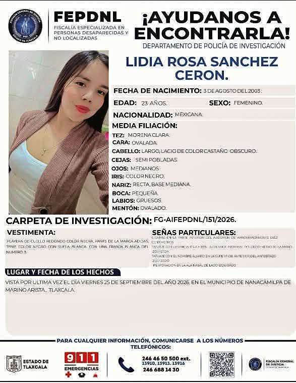 JCarlos_Valerio's tweet photo. #ServicioSocial || Solicitamos su ayuda para localizar a Lidia Rosa Sánchez Cerón, de 23 años de edad. 

Fue vista por última vez el 25 de septiembre en Nanacamilpa, #Tlaxcala. https://t.co/4jK20tQXRg