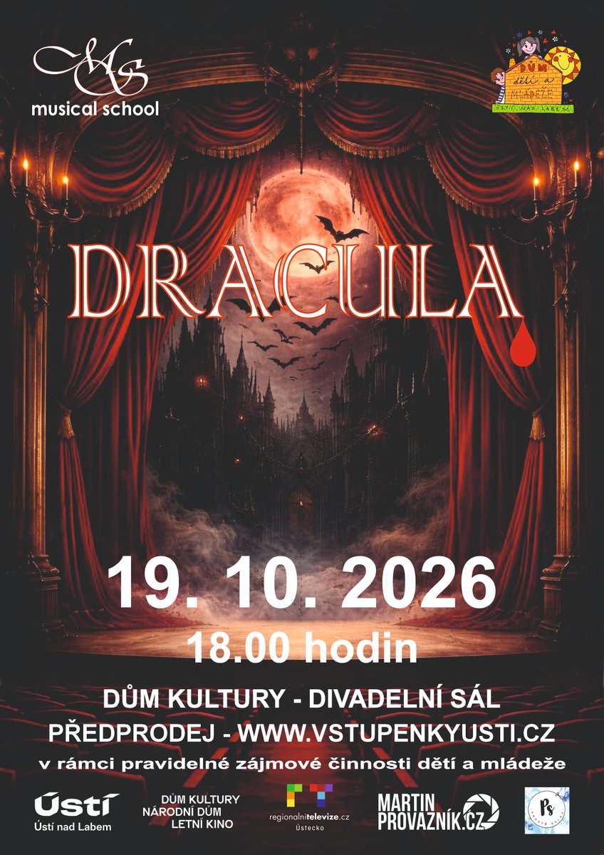 RTUstecko's tweet photo. 🧛 ÚSTÍ N.L. | DRÁCULA SE VRACÍ NA SCÉNU!
Srdečně zveme na derniéru legendárního muzikálu Dracula v podání Musical School. 🎭🩸
🎟️ Vstupenky najdete na https://t.co/3EhchV1TAQ
#dracula #muzikal #divadlo #ustinadlabem #kultura https://t.co/X4K9CHyUu2