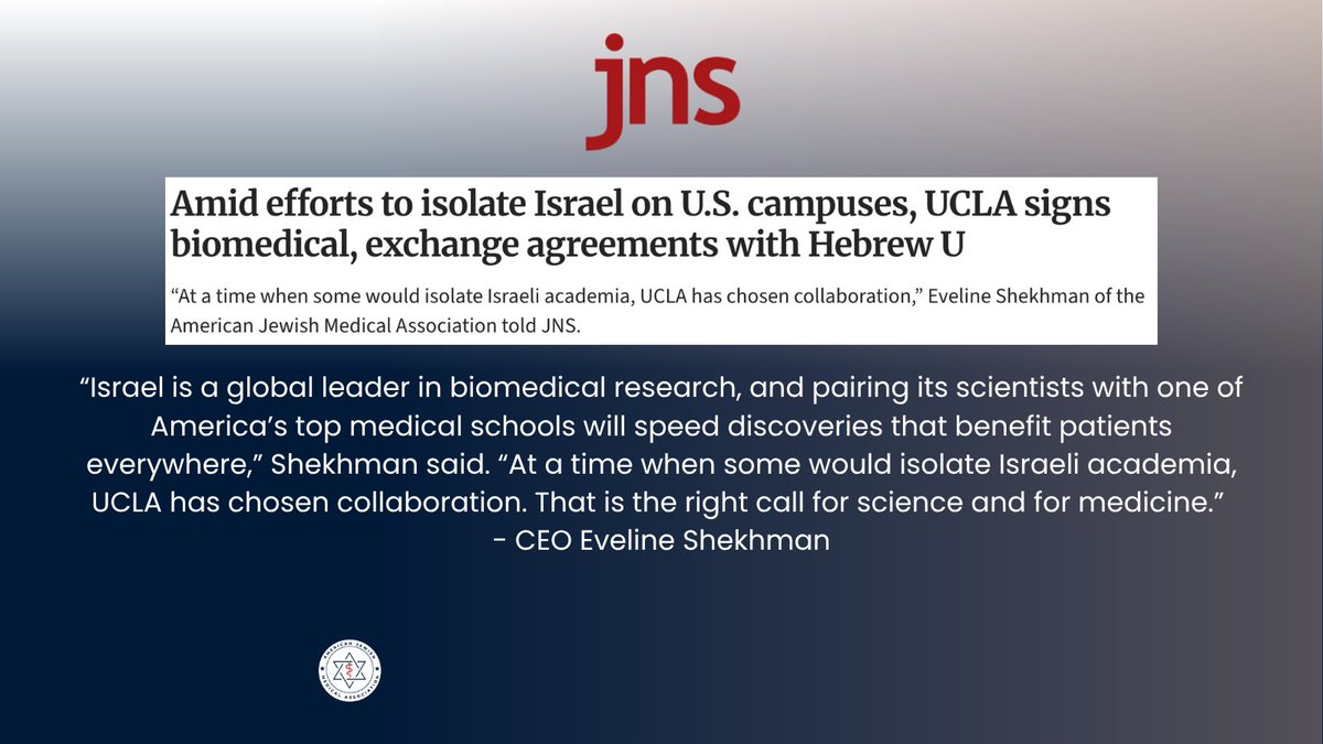 TheAJMAofficial's tweet photo. AJMA applauds the new collaboration between @UCLA and @Hebrew University of Jerusalem—an important example of what is possible when academic institutions choose partnership, scientific exchange, and shared progress.

We look forward to seeing what this collaboration makes possible.

https://t.co/wlLUkUvl5Z