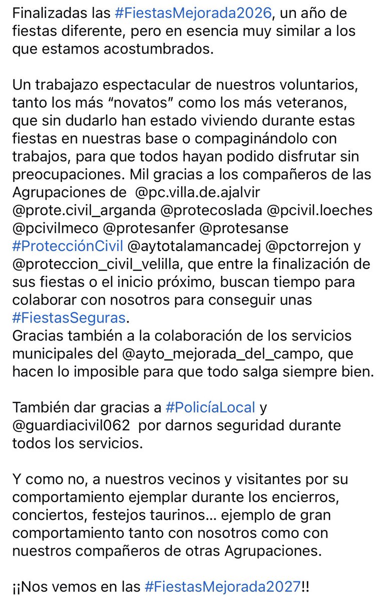 PCivilMejorada's tweet photo. Finalizadas las #FiestasMejorada2026, un año de fiestas diferente, pero en esencia muy similar a los que estamos acostumbrados.

Gracias a nuestros chicos y a las Agrupaciones que nos echan una mano!!
 
¡¡Nos vemos en las #FiestasMejorada2027!! https://t.co/sqS6FAV9Ge