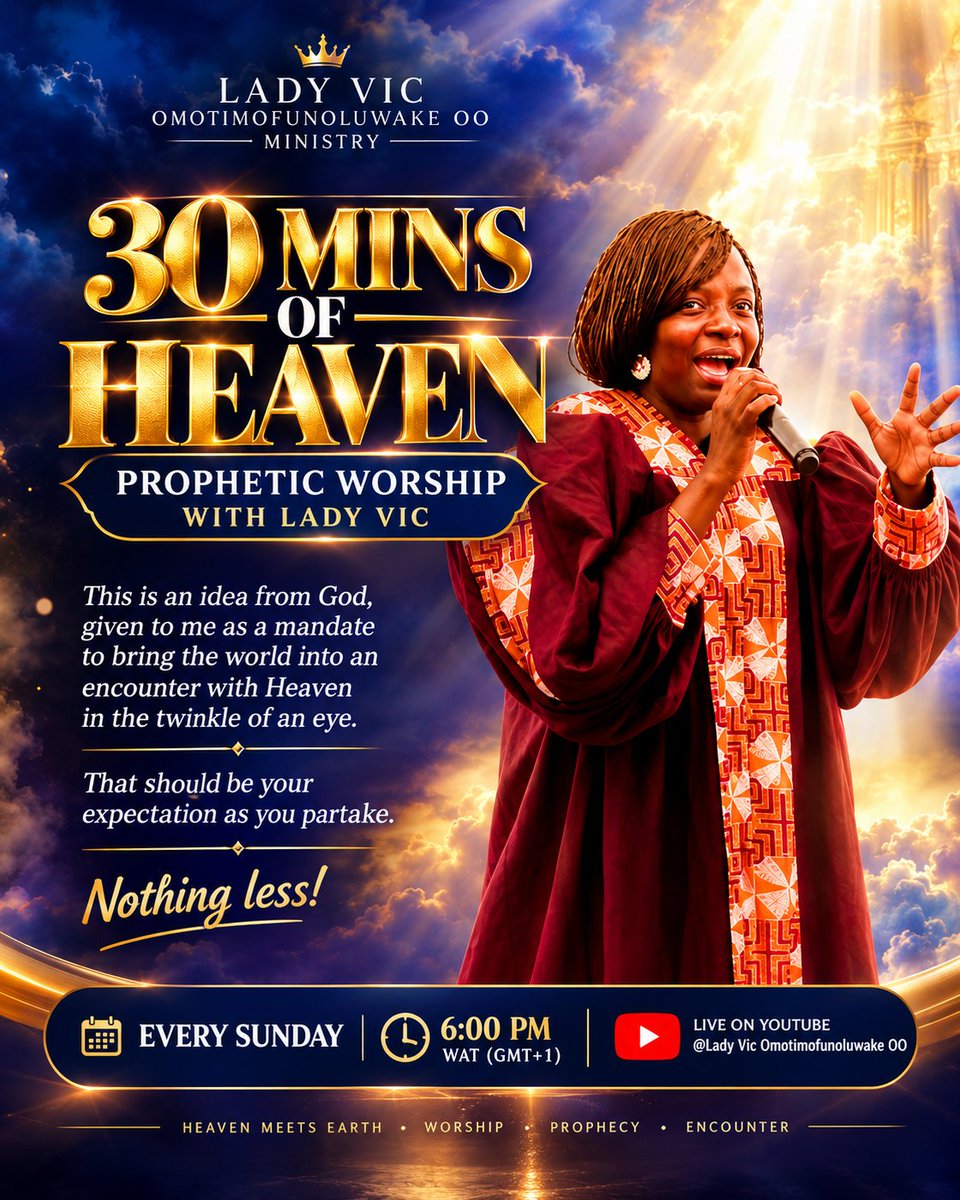 LadyVicOOO's tweet photo. 30 MINS OF HEAVEN | PROPHETIC WORSHIP WITH LADY VIC

An idea from God. A mandate to bring the world into an encounter with Heaven in the twinkle of an eye.

Every Sunday, we gather in prophetic worship with one expectation: an encounter with Heaven.

Nothing less! https://t.co/l6d3l91AUK