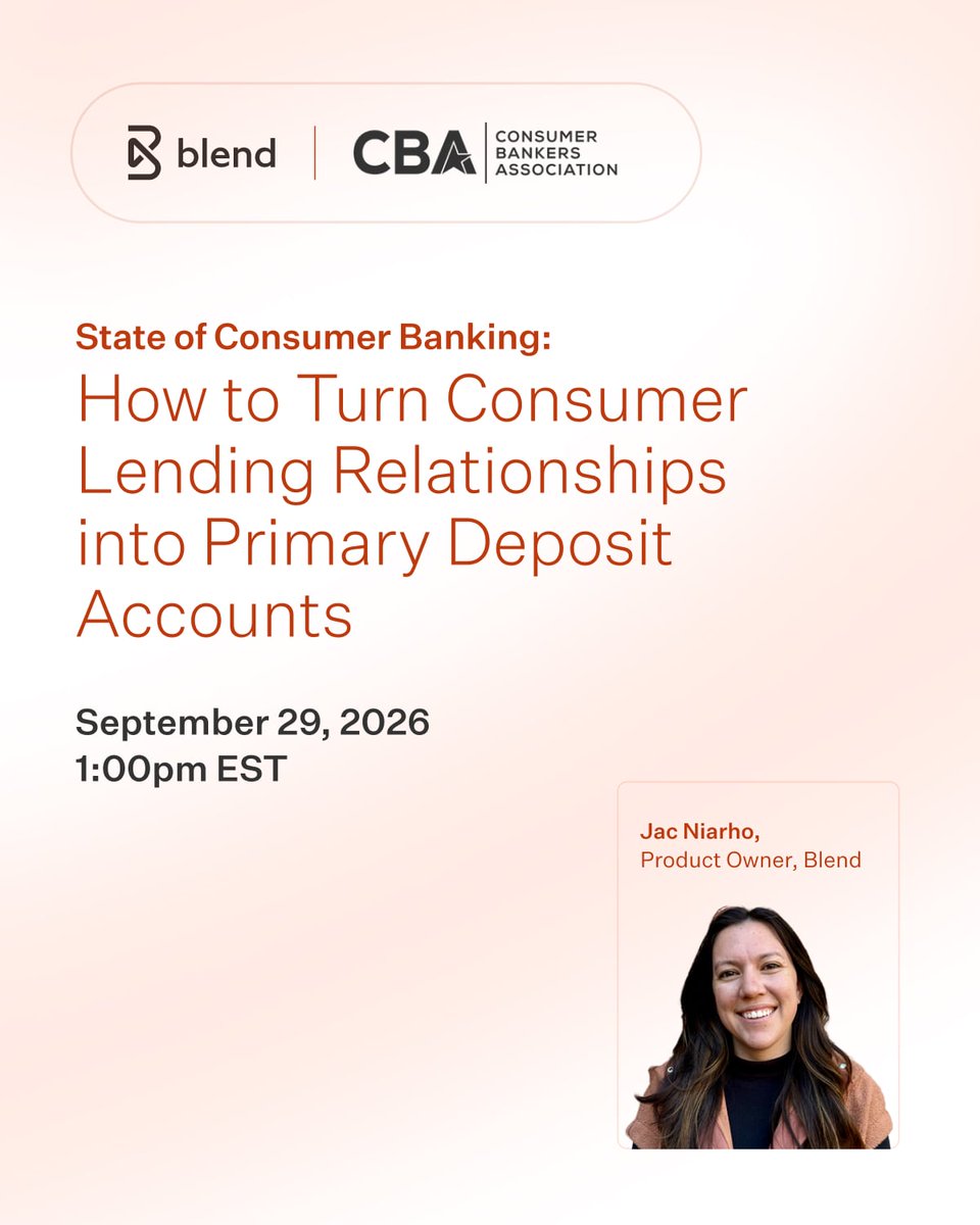 blendlabsinc's tweet photo. Primary account holders carry 10x more deposits.

Yet while 92% of banks call primacy critical, most struggle to convert consumer lending into primary accounts.

Join Blend & CBA TOMORROW at 1:00 PM ET to learn how top institutions bridge the gap and drive deposit growth.

Save your spot: https://t.co/OpjXAqrnqK