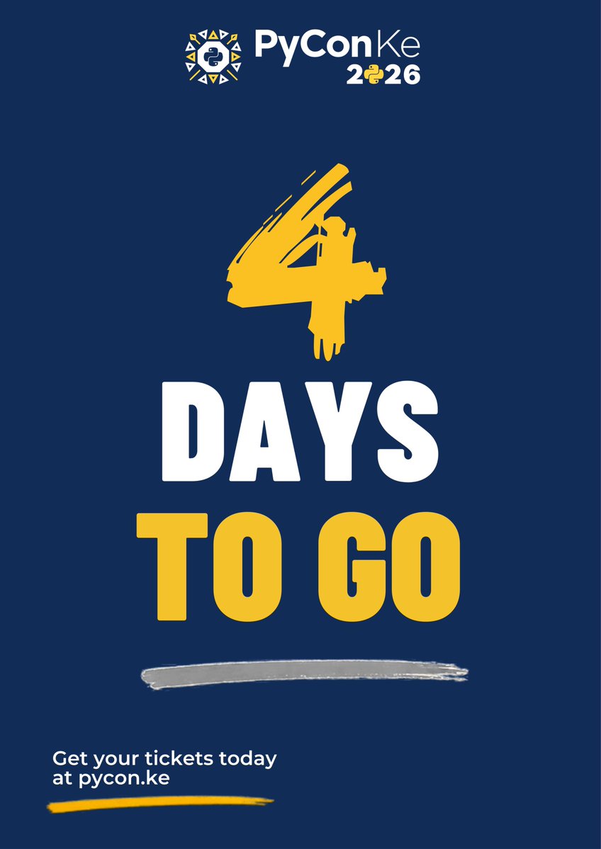 PyconKenya's tweet photo. 4 days to PyCon Kenya 2026! π
Meet the people behind the Python projects. Nairobi, 2β3 October.
ποΈ Tickets: https://t.co/YvhMTH12Lr
π Student: https://t.co/0OoDBdTfIH
#PyConKE2026 #PyConKenya #Python https://t.co/aJDCbg7xTK