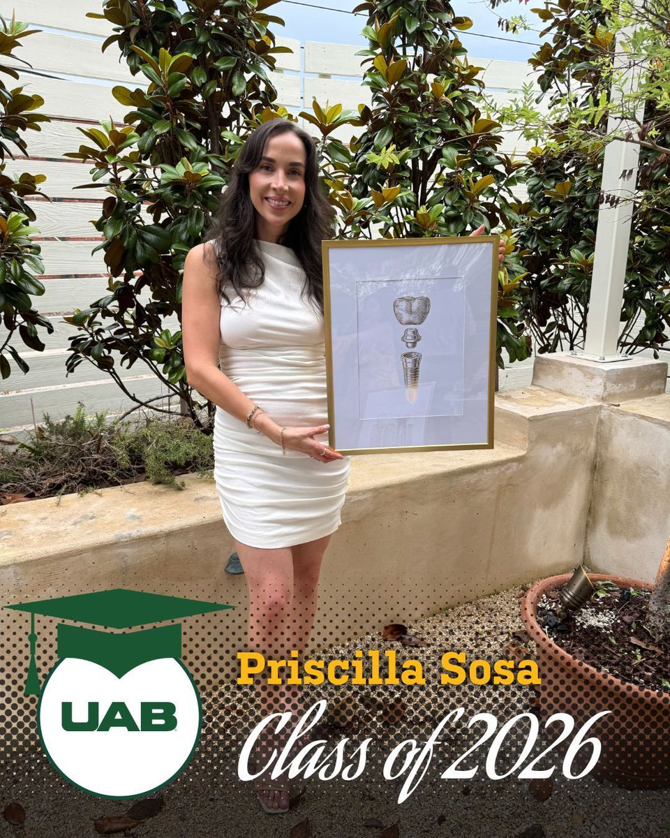 UABGradSchool's tweet photo. 💬 "UAB challenged me to pursue excellence, fostered my passion for patient care and research, and prepared me for the next chapter of my career," - Priscilla Sosa, MS in Dentistry with a Specialization in Periodontology. 💚 🐉 
.
.
.
#uab #graduate #classof2026 https://t.co/3AXIUluptW