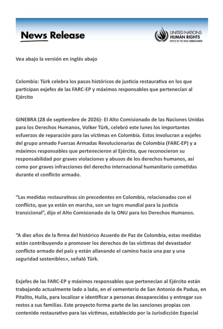 MartinSantosR's tweet photo. El Alto Comisionado de las Naciones Unidas para @ONUHumanRights, @volker_turk pide garantizar los recursos suficientes para la @JEP_Colombia: “Es fundamental que el sistema continúe implementándose”, y la calificó como “un logro mundial para la justicia transicional”. https://t.co/ovrWHO7nVD
