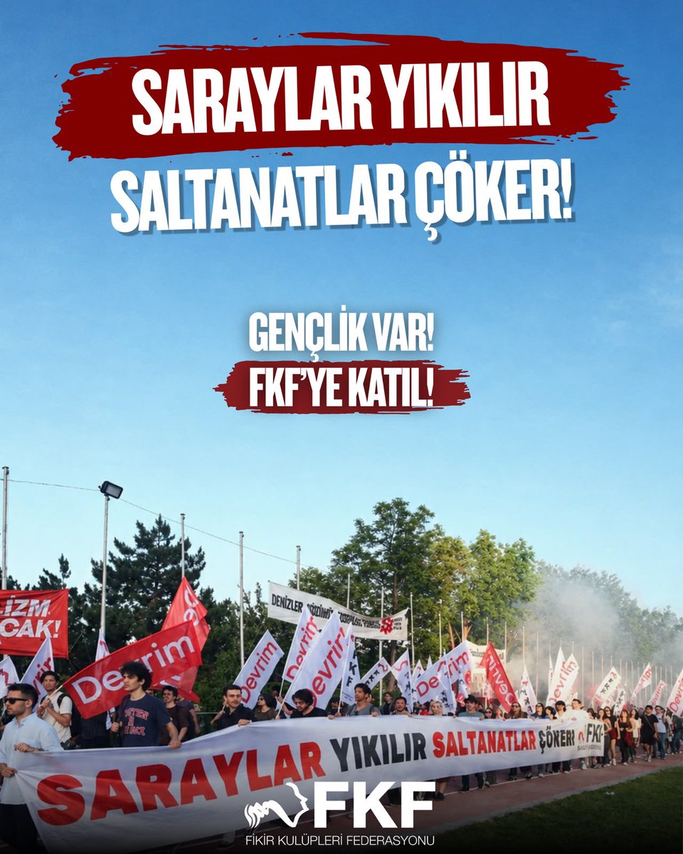 FKF_sm's tweet photo. Saraylar Yıkılır Saltanatlar Çöker! 

Güzel memleketimiz, hak etmediği günlerden geçiyor.

Bir avuç para babasının, tarikat bozmasının, emperyalistin ve işbirlikçinin eliyle karanlığa itiliyor.

Ekonomisi sömürü üzerine inşa edilmiş, doymak bilmeyen asalak bir grup servetine servet katsın diye milyonlarca emekçi yoksulluğa, güvencesizliğe ve sefalete mahkum ediliyor.

Tarikatlar hayatın dört bir yanına sızıyor, çeteler okullarımızın kapısından sokaklarımızın ortasına kadar uzanıyor.

Barış denilerek savaşların, kardeşlik denilerek pazarlıkların önü açılıyor. Yeni Osmanlıcı hayaller uğruna emekçi çocuklarının canı ortaya konuyor, memleketin geleceği kapalı kapılar ardında pazarlık konusu ediliyor.

Yurttaşlık haklarımız birer birer askıya alınıyor. Konuşmanın sınırı, düşünmenin sınırı, itiraz etmenin sınırı çiziliyor. O çizginin dışına çıkan ise suçlu ilan ediliyor.

Bu gidişata dur demek gerekiyor. 

Türkiye devrimcilerini arıyor. 

Memleket okumuş insanlarını göreve çağırıyor. 

Hiçbir çıkar ağına bağlı olmayanların, kendi geleceğini memleketin kurtuluşundan ayrı görmeyenlerin kavgasına davet ediyor.

Memleketimize, halkımıza ve kendimize güveniyoruz. Bu ülke hak ettiği günlere kavuşacak. Bunu hep birlikte başaracağız. 

Cumhuriyet, laiklik, bağımsızlık ve sosyalizm için seni de her şeyi kendinden bekleyenlerin mücadelesine çağırıyoruz. 

Gençlik Var, Biz Varız! 
Sensiz Olmaz, FKF'ye Katıl!

https://t.co/sF57vmV1RQ