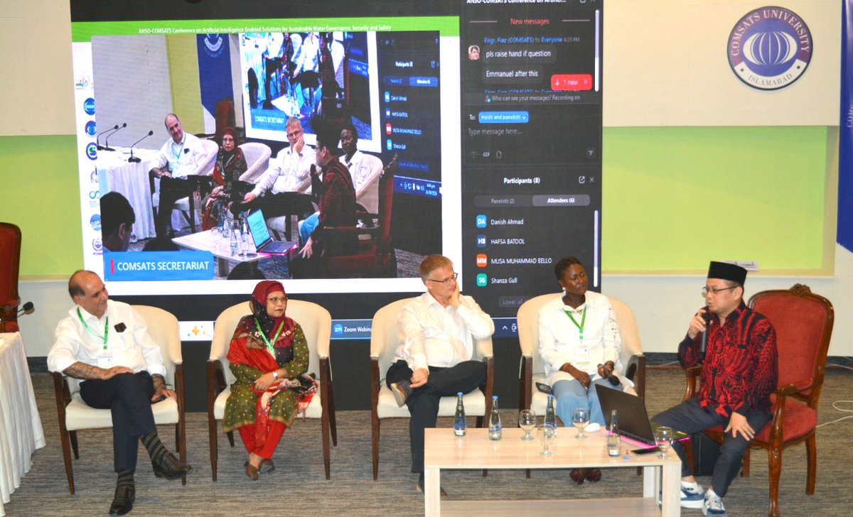 COMSATS_en's tweet photo. At the #ANSO – #COMSATS Conference, two high level Panel Discussion sessions brought together global experts to explore AI-enabled solutions for water governance, security & safety. Moderated by Prof. Dr. Ir. Adhi Dharma Wibawa 🇮🇩, the panelists included Prof. Dr. Alishir Kurban 🇨🇳, Dr. Farouq Alomari 🇯🇴, Prof. Dr. Kenneth Anchang Yongabi 🇳🇬, Dr. Samina Ahmed 🇧🇩, DProf. Dr. Miklas Scholz 🇩🇪, Prof. Dr. Mohamed Elfeet 🇸🇦, Dr. Shaneica Lester 🇯🇲, & Prof. Dr. Toqeer Ahmed (Pakistan 🇵🇰).
Key discussions addressed bridging data gaps, AI ethics, real-time monitoring, digital twins & inclusive water governance & reinforcing the vital role of international collaboration in tackling shared water challenges.
#AI #WaterGovernance #ANSO #COMSATS #PanelDiscussion