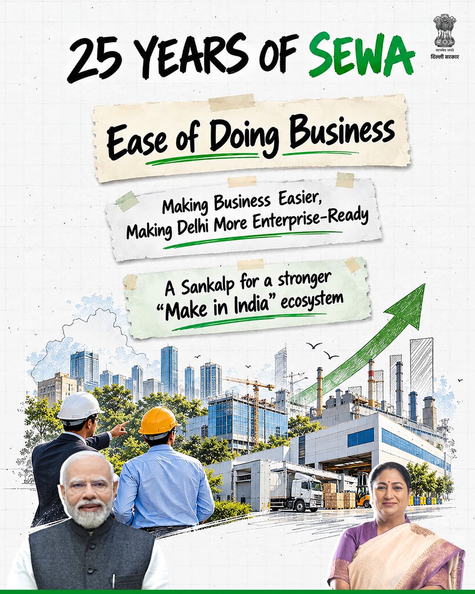 CMODelhi's tweet photo. If you have an idea, an enterprise or an ambition to grow, Delhi is ready for your business.
Simpler approvals. 
Faster clearances. 
Easier access to credit. 
Stronger support for traders, MSMEs and startups.

From single-window systems to collateral-free credit, Delhi is creating an ecosystem where businesses can start faster, invest with confidence, expand operations and create more jobs.

#SevaSankalpAbhiyan 
#सेवा_की_कहानी

(Thread 🧵)