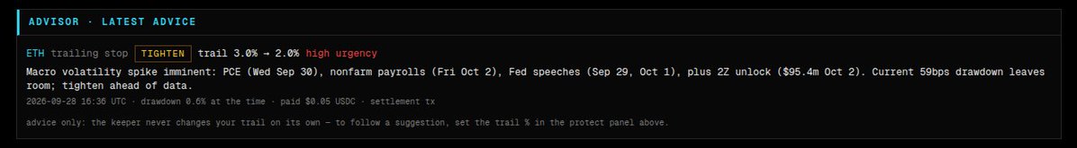 frosty_onchain's tweet photo. Two FrostyFi workflows now power the FrostyFunds terminal 👇
 
📰 News Desk: Currents, Fed, SEC filings + Yahoo, ranked by an LLM editor. Zero code.

🛡️  Trailing-Stop Advisor: the fund's keeper pays it $0.05 USDC a call over x402, and its advice lands on the desk.

On testnet.

Receipt: the keeper's $0.05 payment to the advisor, settled on @Base Sepolia 👇
 https://t.co/cPIcybO7bN

Advice only: the manager decides. The keeper never moves the trail on its own. @buildonbase