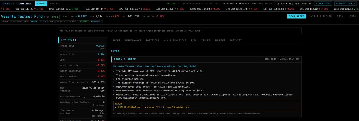 frosty_onchain's tweet photo. Two FrostyFi workflows now power the FrostyFunds terminal 👇
 
📰 News Desk: Currents, Fed, SEC filings + Yahoo, ranked by an LLM editor. Zero code.

🛡️  Trailing-Stop Advisor: the fund's keeper pays it $0.05 USDC a call over x402, and its advice lands on the desk.

On testnet.

Receipt: the keeper's $0.05 payment to the advisor, settled on @Base Sepolia 👇
 https://t.co/cPIcybO7bN

Advice only: the manager decides. The keeper never moves the trail on its own. @buildonbase
