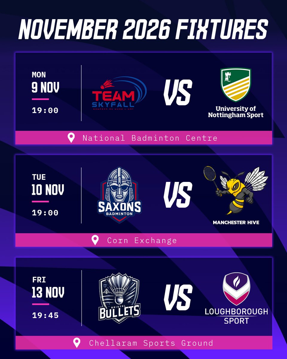 BadmintonEnglnd's tweet photo. WE’RE BACK. ⚡
The 2026/27 National Badminton League season is locked in.
Swipe through for the full fixture list and see where your team starts their season. 👀
This is the NBL . Let’s go. 🔥
#NBL #EveryPointMatters #Badminton https://t.co/Tk15b2deOj