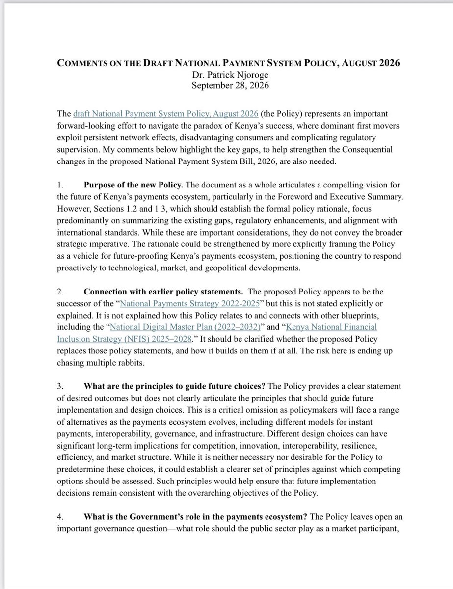 njorogep's tweet photo. Here are my comments on Kenya's draft National Payment System Policy, August 2026, in response to the Public Notice requesting comments and inputs from the public. https://t.co/LRxTdZ4bOj