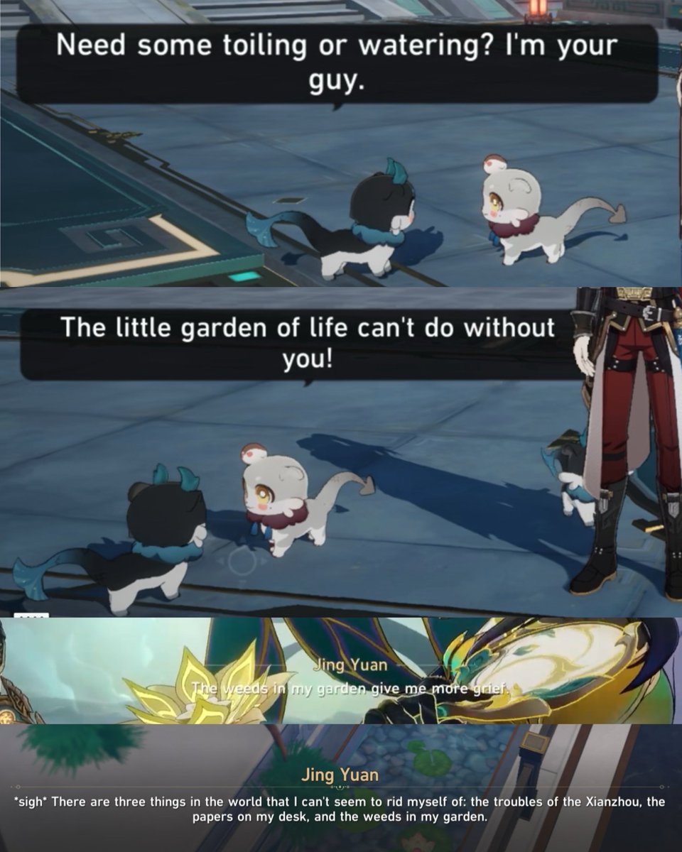 dozingmeow's tweet photo. don’t think this is being talked about ENOUGH but oh my god “need some toiling (permansor terrae) or watering (imbibitor lunae)? i’m YOUR guy”

chimera dan heng really said let me personally deal with the weeds in your garden by channeling two of my special paths, jing yuan https://t.co/fj7wtNW93G