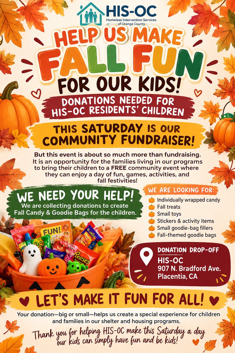 Homeless_Int_OC's tweet photo. 🍂 HELP US MAKE FALL FUN FOR OUR KIDS! 🍬
Donations Needed for HIS-OC Residents’ Children
This Saturday is our Community Fundraiser!
But this event is about so much more than fundraising.

HIS-OC
907 N. Bradford Ave.
Placentia, CA
💛 LET’S MAKE IT FUN FOR ALL! https://t.co/VeMYiTZ6SC