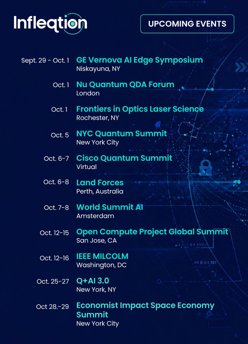 infleqtion's tweet photo. From AI and energy to defense and space, Infleqtion is connecting with the industries shaping quantum’s next chapter.

In the weeks ahead, our team will be at events across the U.S., Europe and Australia, advancing conversations and partnerships that move neutral atom quantum computing, sensing, and software toward real-world deployment.

Explore our upcoming events and connect with us: https://t.co/lENN6pIhxx