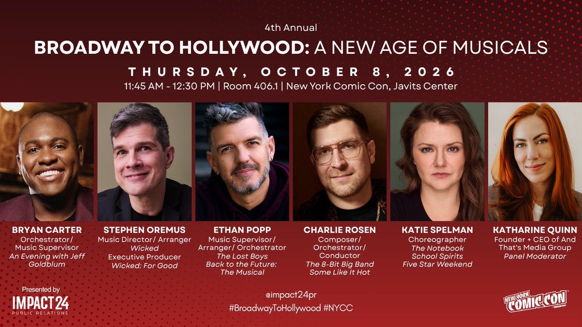 Impact24PR's tweet photo. Mark your calendars! Join us for our #BroadwayToHollywood panel at @NY_Comic_Con! Hear from the creatives behind #Wicked, #WickedForGood, #TheLostBoys, #SomeLikeItHot, and more! 

🎭 4th Annual Broadway To Hollywood | Thursday, October 8th | 11:45 AM | Room: 406.1

#NYCC https://t.co/3EgLPa5f44
