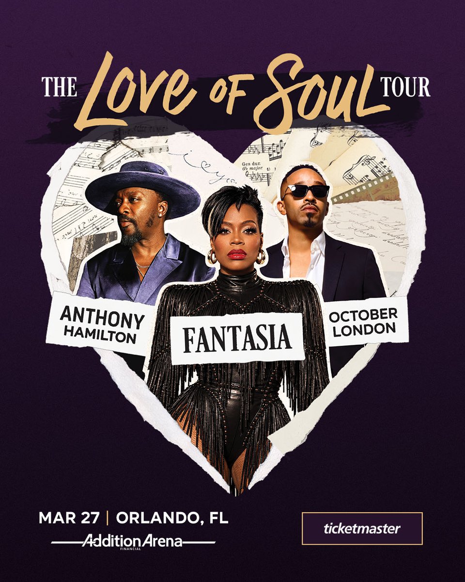 AdditionFiArena's tweet photo. JUST ANNOUNCED: 

🎤 Fantasia Barrino, Anthony Hamilton, and October London bring “The Love of Soul” Tour to Addition Financial Arena on March 27, 2027!

Tickets on sale October 2 at 10 a.m. local. https://t.co/x5dD4UCmDU