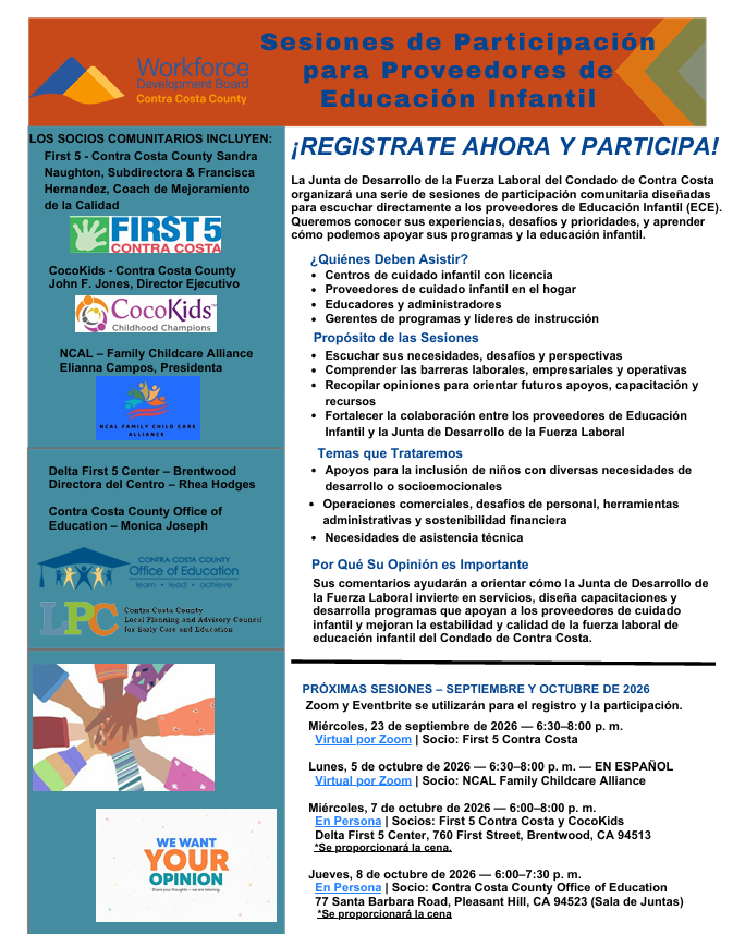 WDBCCC's tweet photo. 📣 Early Childhood Education providers in #ContraCostaCounty—we want to hear from you! Join an Input Session online (10/5) or in-person (10/7 or 10/8) to share your experiences, challenges, &amp; priorities.

💻 Virtual | Spanish session
10/5, 6:30–8 PM
RSVP: https://t.co/4cYAHzl2Ju https://t.co/H11BuuUCil