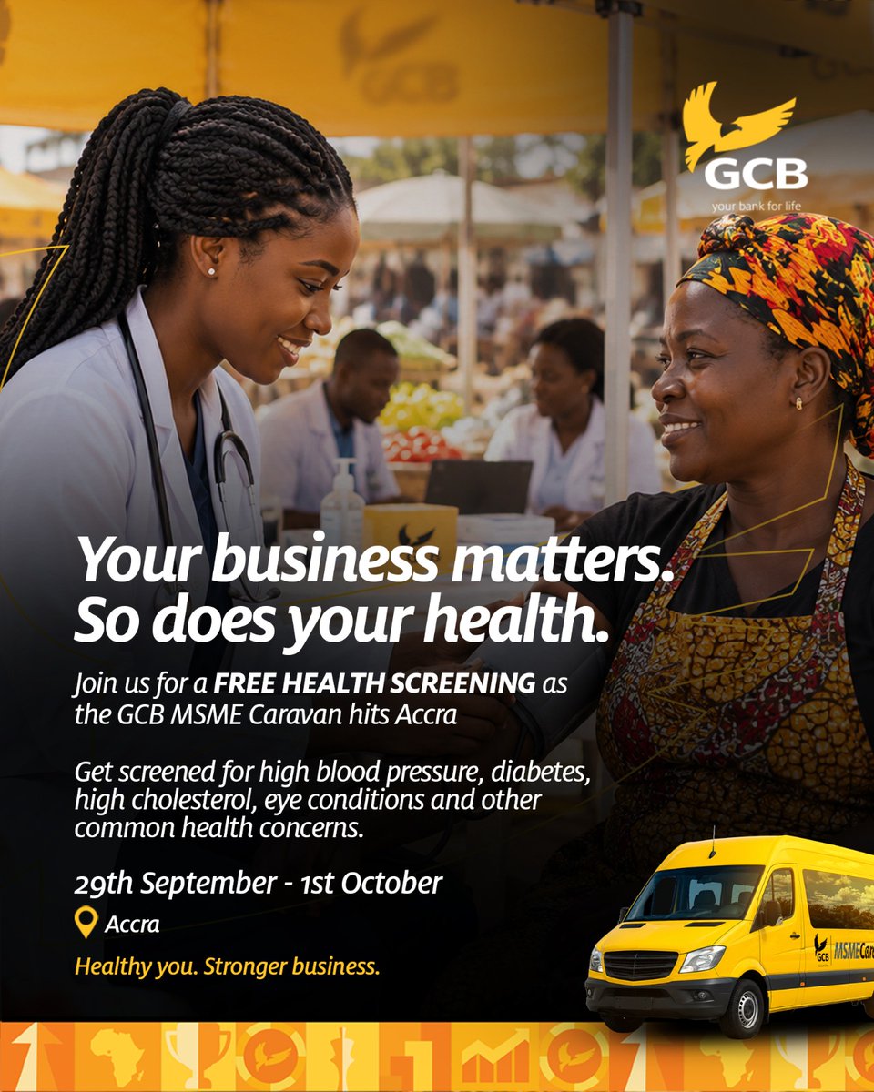 GCBBankPLC's tweet photo. As the GCB MSME Caravan comes to Accra, we’re looking beyond business to the people behind the businesses.
Take advantage of our FREE health screening and make your health a priority.
Healthy you. Stronger business.
#GCBMSMECaravan #HealthScreening #GCBCares #YourBank4Life https://t.co/3SGMTWodLL