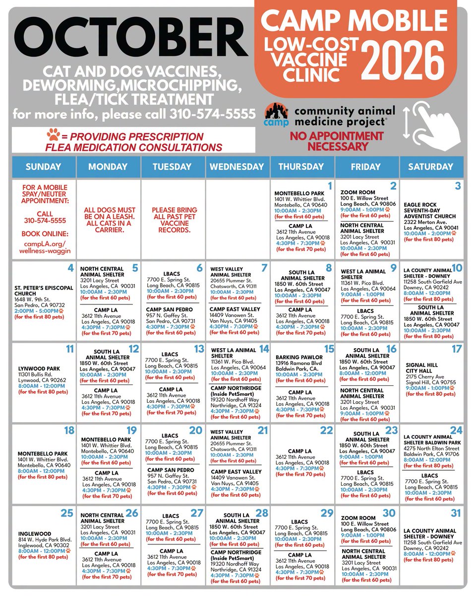 LACityPets's tweet photo. 🍂🎃🐾 CAMP’s October Mobile Clinic Calendar is here! 🚑🗓️

Learn more about vaccines at https://t.co/BoOtYPvAWZ #LACityPets #Vaccine #Clinic #Spay #Neuter https://t.co/YNJAPXKac4