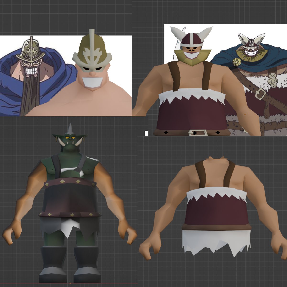 maximus_osrs's tweet photo. I want to take a moment to address my stance on AI

I have never and will never use generative AI for any of my work. I put a lot of time and effort into every project I do and I am very thankful I get to work with Jagex to make these crossovers come to life!

Will take some time to show off some behind the scenes for this project. For dorry I used Obor as a base since theyre similarly built. modified a zombie helmet to use as dorrys helmet. For brogy I decided to use Graardor as a base, attached and modified some of obors body parts to match his looks. and finally I modified a berserker helm to match his own helmet :)

Exported the tall forest around the giant pit to make them look very tall. Put an hdri in the background and added some basic lighting to the duo.

I want to ensure everyone that I am heavily against AI and I will never use it. I appreciate everyone who supports my work ❤️
