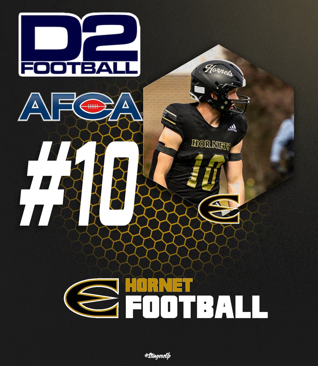 ESUSports's tweet photo. TOP🔟 @esuhornetsfb is ranked 10th in both the @WeAreAFCA and @D2Football National Rankings.  #StingersUp #UNIT5787 https://t.co/edOdsFGLEE