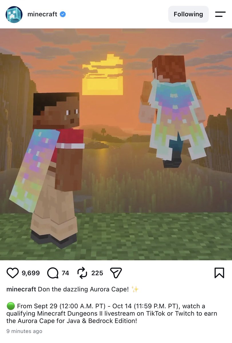 itiswattles's tweet photo. HOLY PEAK! New Minecraft Cape earnable this week for watching a Dungeons II stream, starting tomorrow! this one is for vanilla! https://t.co/1RgN1mM4yV
