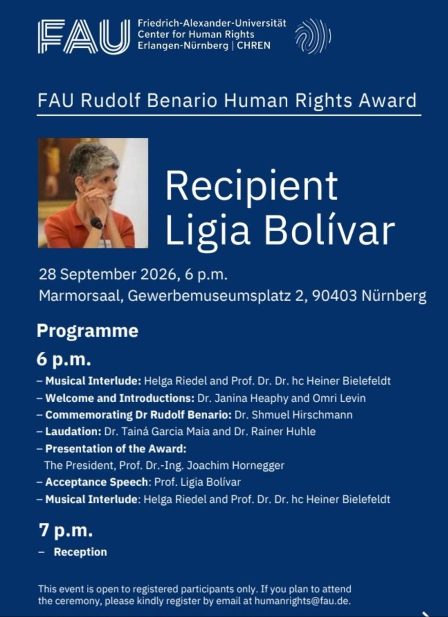 LuisCarlos's tweet photo. Hoy en Núremberg, Alemania, la defensora de derechos humanos venezolana, Ligia Bolivar, está recibiendo el premio Rudolf Benario por su trabajo.
Ligia fundó @_Provea y el @CDH_UCAB, además de @AlertaVzlaDDHH. Generaciones de defensores han sido formados en sus programas. https://t.co/UnB8FJ3xl2