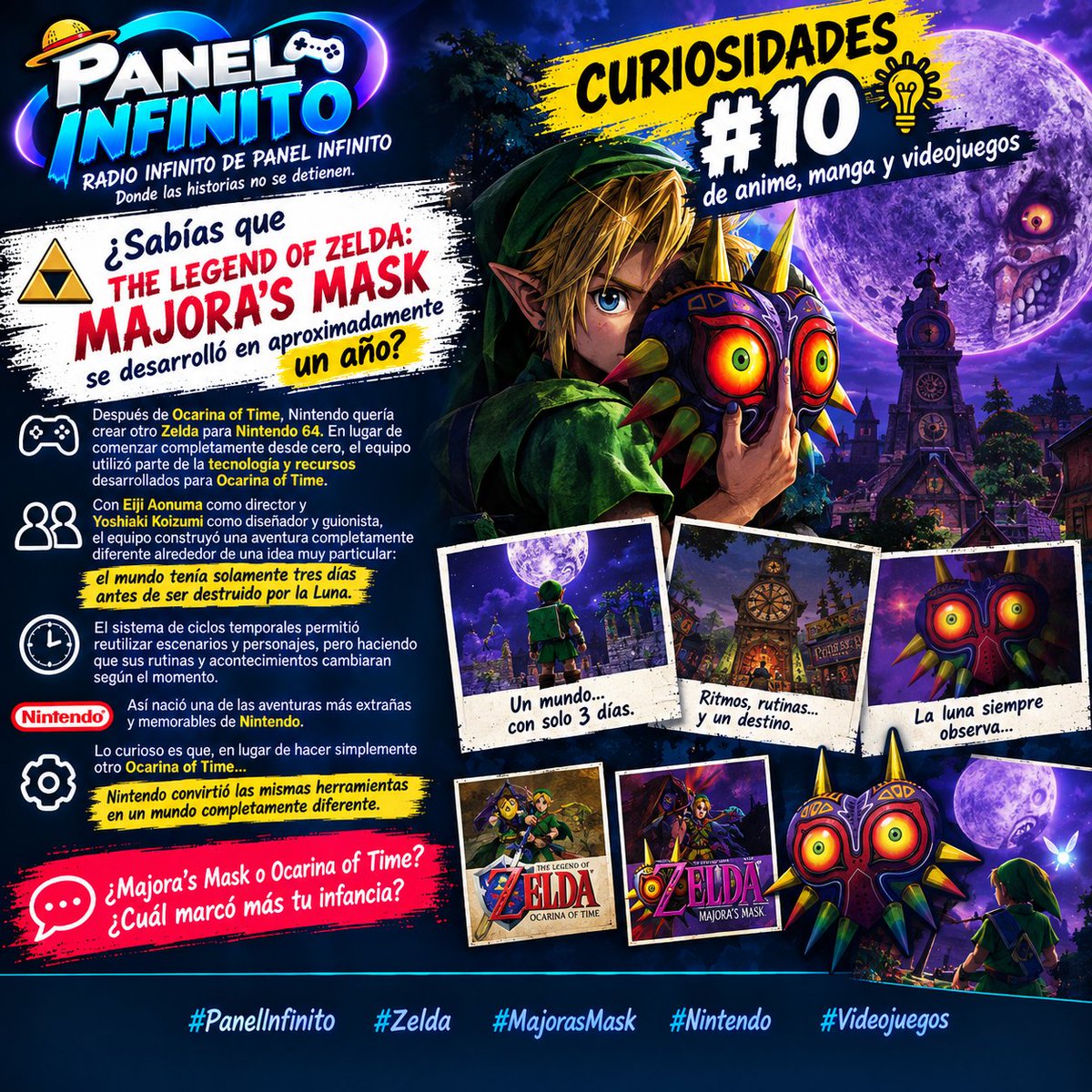 AlxLo03's tweet photo. 📡 PANEL INFINITO — CURIOSIDAD #10
🕰️ ¿Sabías que The Legend of Zelda: Majora’s Mask se desarrolló en aproximadamente un año?
#PanelInfinito #Zelda #MajorasMask #Nintendo #Videojuegos https://t.co/ZLdWVL7ru9
