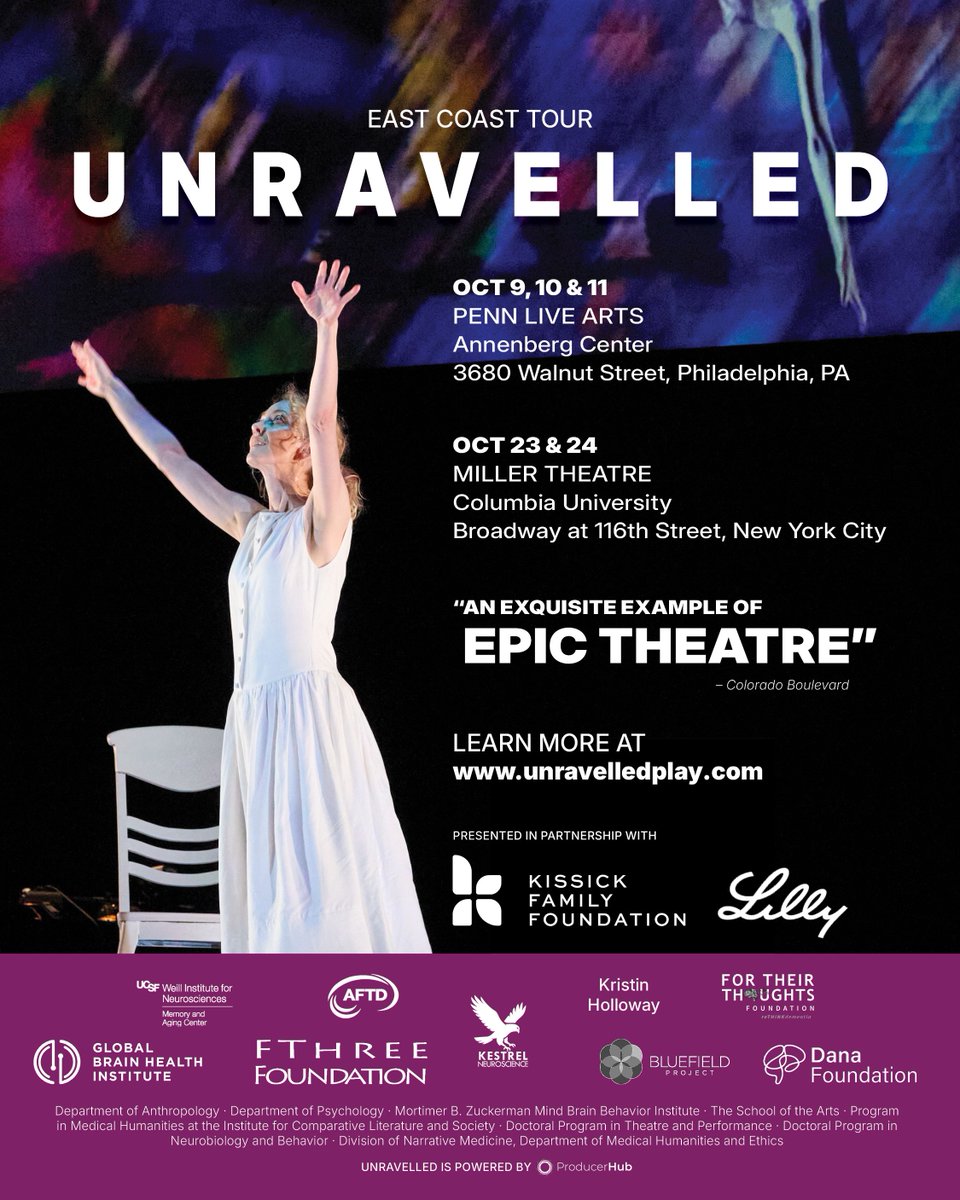 UCSFmac's tweet photo. Atlantic Fellows are behind and onstage in @UnRavelledPlay: playwright Jake Broder and actor Leo Marks, who portrays composer Maurice Ravel.

See the play in Philadelphia, Oct. 9-11, and NYC, Oct. 23-24.
https://t.co/4oysIZiUh2

#BrainHealth #FTD https://t.co/gOKktBjiLB