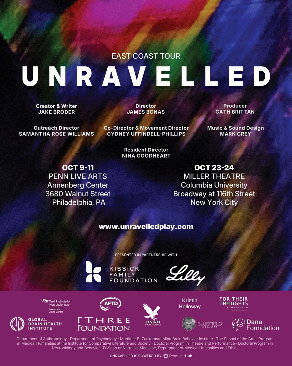 UCSFmac's tweet photo. Atlantic Fellows are behind and onstage in @UnRavelledPlay: playwright Jake Broder and actor Leo Marks, who portrays composer Maurice Ravel.

See the play in Philadelphia, Oct. 9-11, and NYC, Oct. 23-24.
https://t.co/4oysIZiUh2

#BrainHealth #FTD https://t.co/gOKktBjiLB