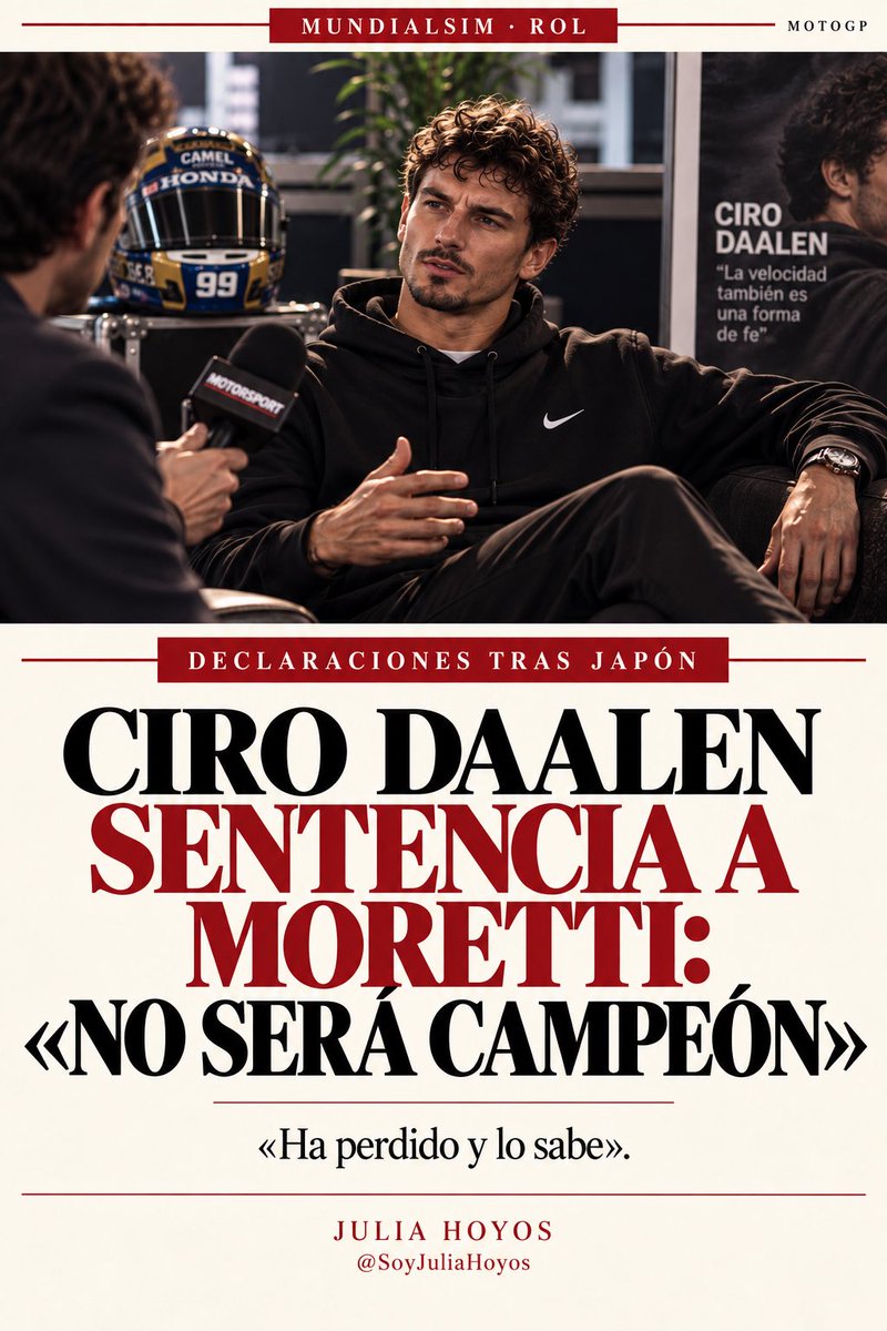 SoyJuliaHoyos's tweet photo. CIRO SENTENCIA A MORETTI: «NO SERÁ CAMPEÓN»

Tras Japón, Ciro no se corta con el líder.

Habla de presión, rivales con hambre y demasiados cambios en su estructura.

Y remata: «Ha perdido y lo sabe».

¿Guerra psicológica en el paddock?👀

Soy Julia Hoyos. Sígueme para más salseo. https://t.co/WuMQhQuV0s